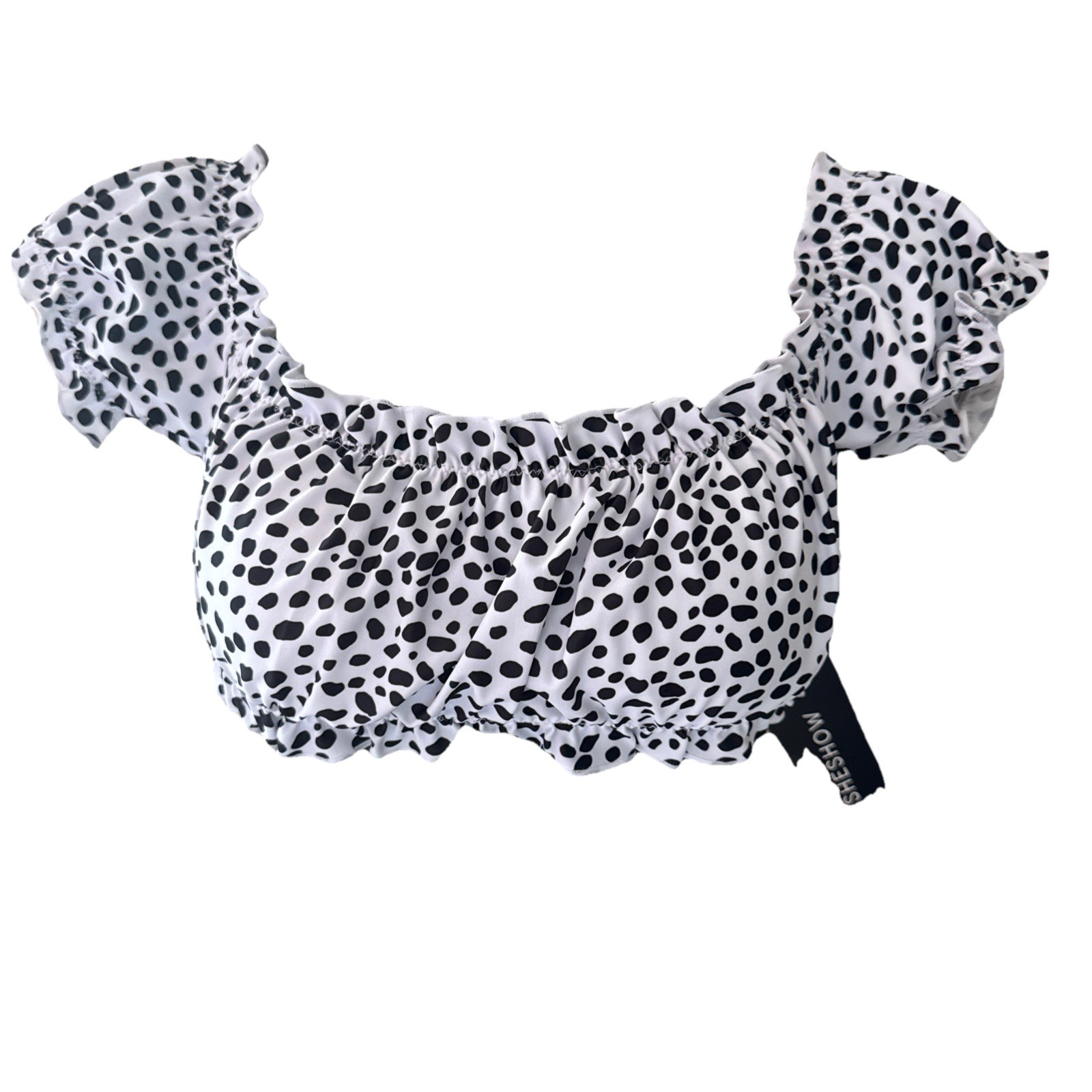 Sheshow Women’s Dalmatian Print Ruffle Puff Sleeve Padded Swim Crop Top Size M