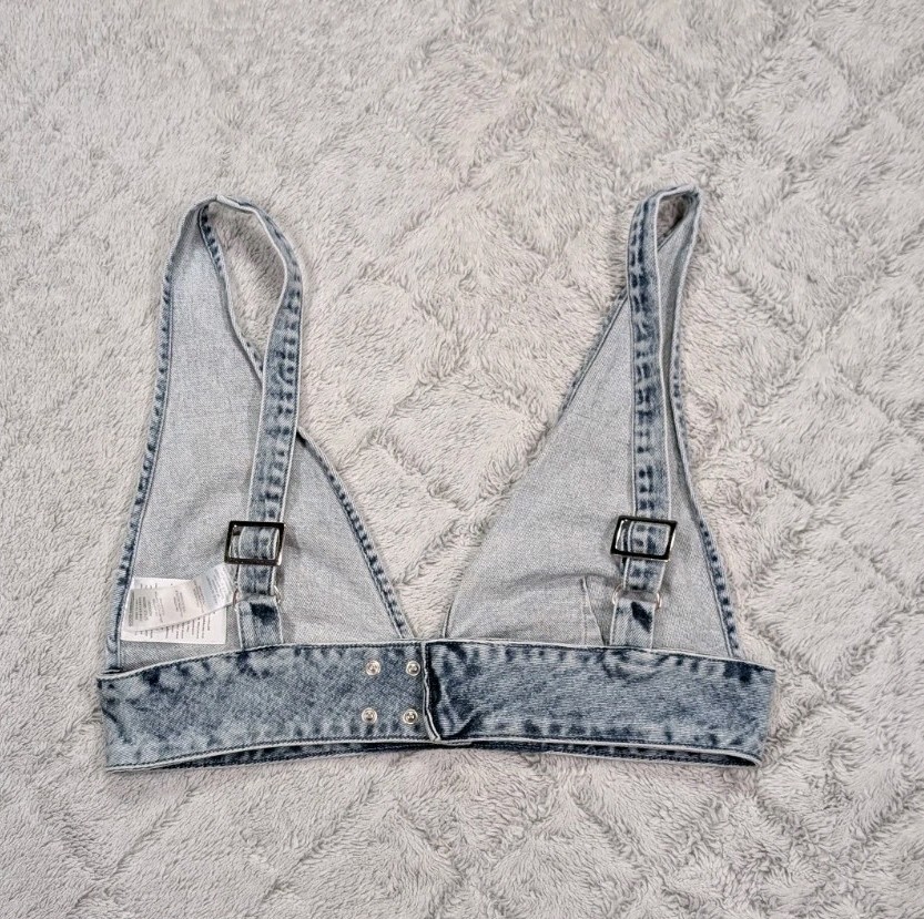 Good American Top Womens 4 Blue Bleach Wash Denim Bralette Travel Street