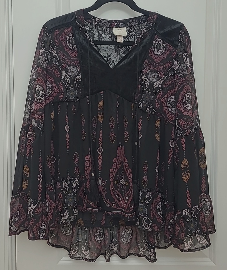 Knox Rose Women’s Top Sz S Tunic Sheer Tassel Ruffle Velvet Lace Boho see pics