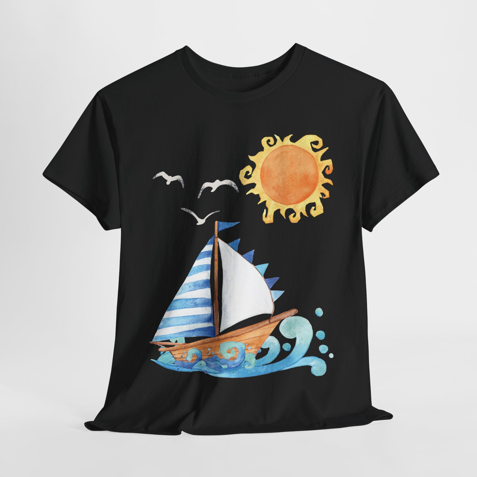 Sailboat Seagulls Sun Top Ocean Wave Tee Graphic T Shirt S-XL, Plus 2X 3X 4X 5X