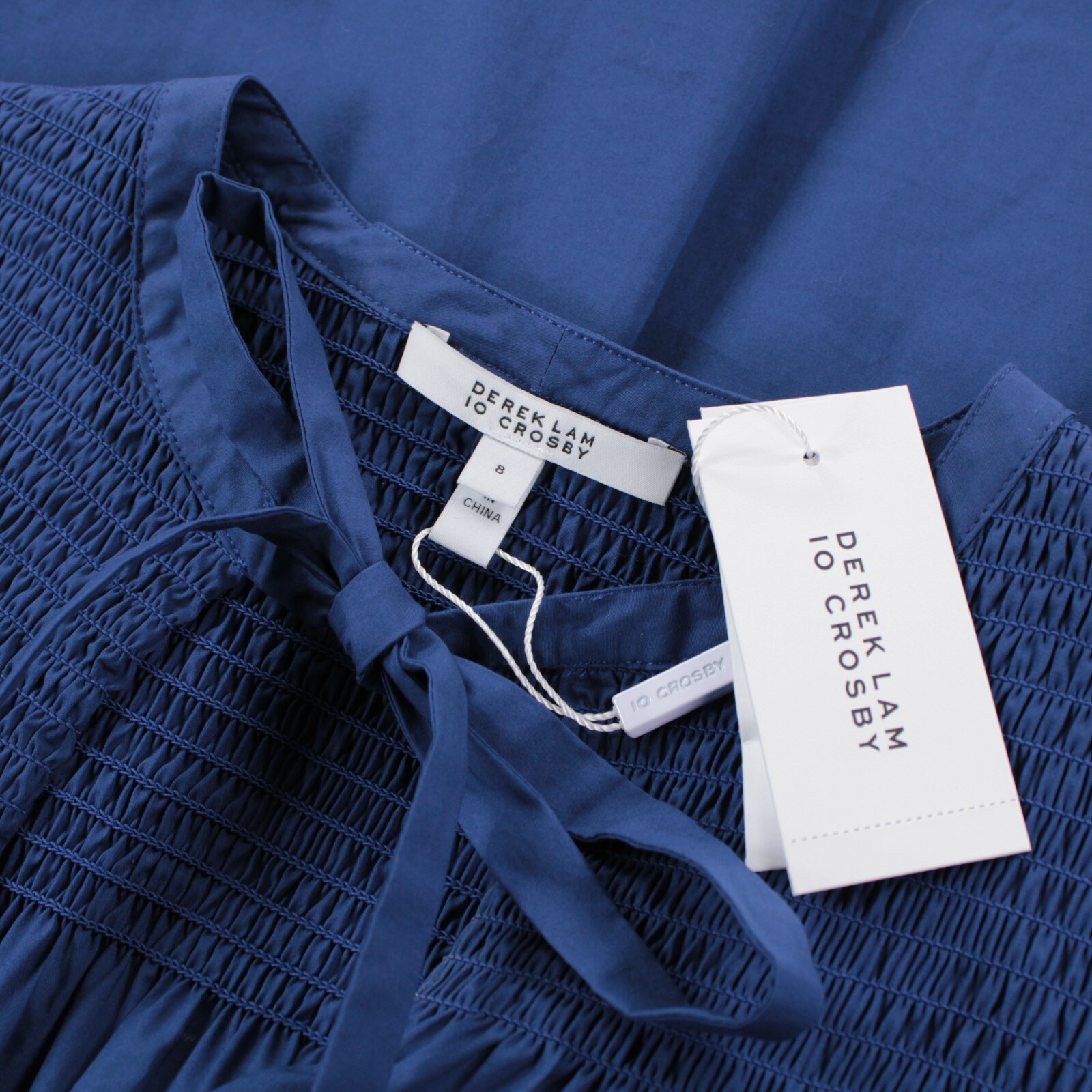 Derek Lam 10 Crosby NWT Austin Smocked Tie Neck Keyhole Top Size 8 in Deep Blue