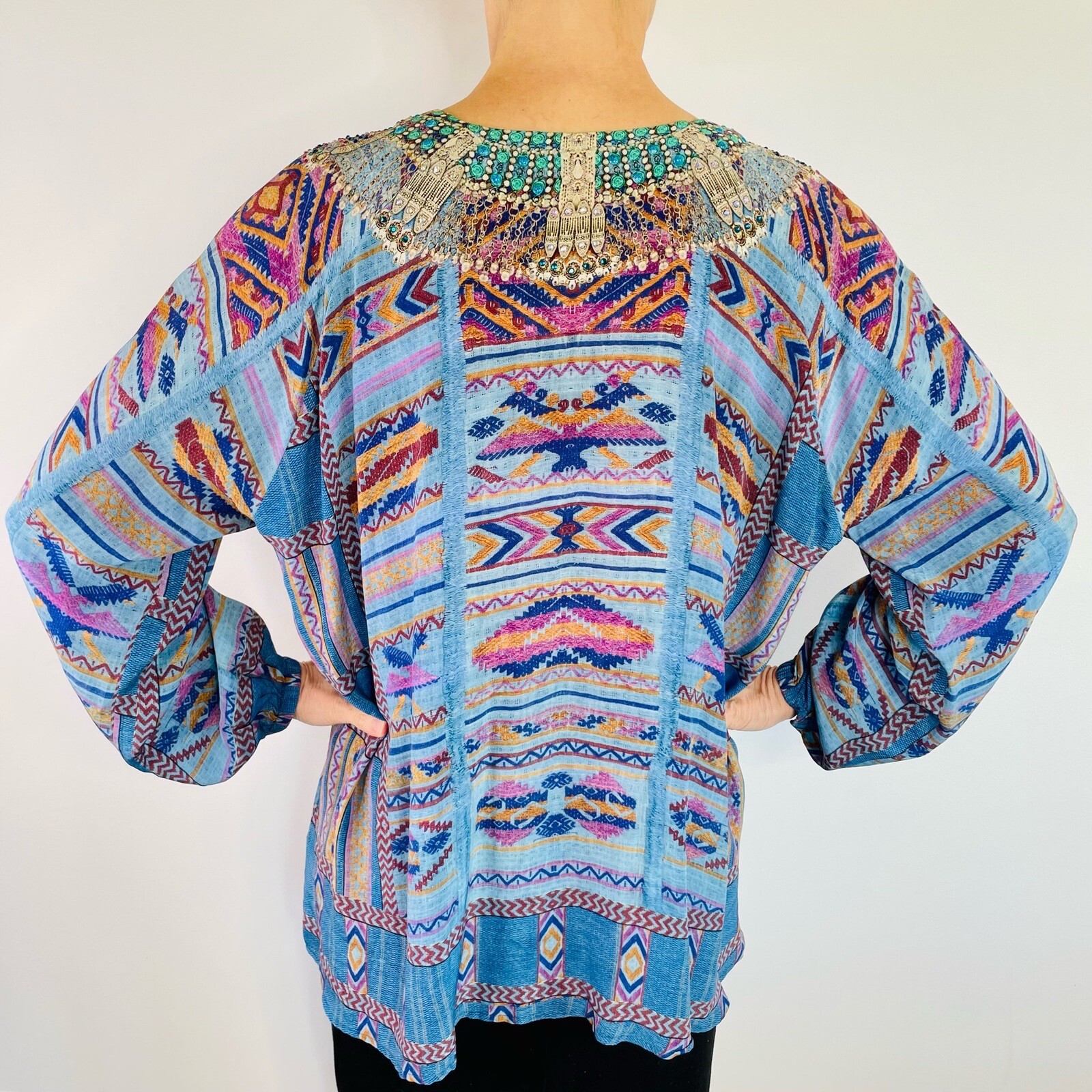 Camilla Size 2 (10 12 14) Blue Silk Condor Lace Up Shirt Australian Designer