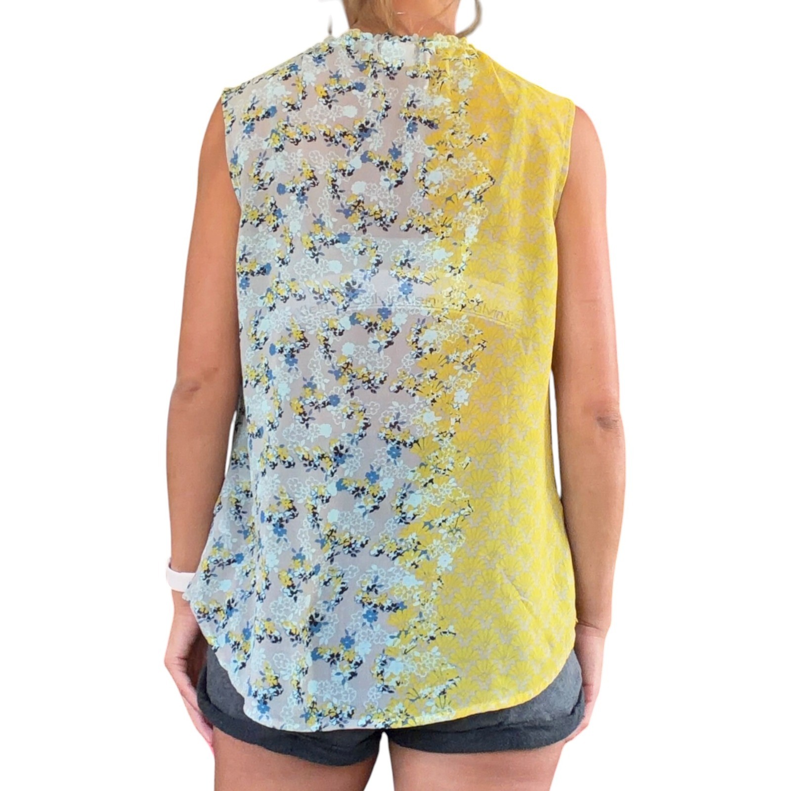 Cabi Womens M Yellow Blue Gray Mix Floral Button Sleeveless Offsides Blouse 5221