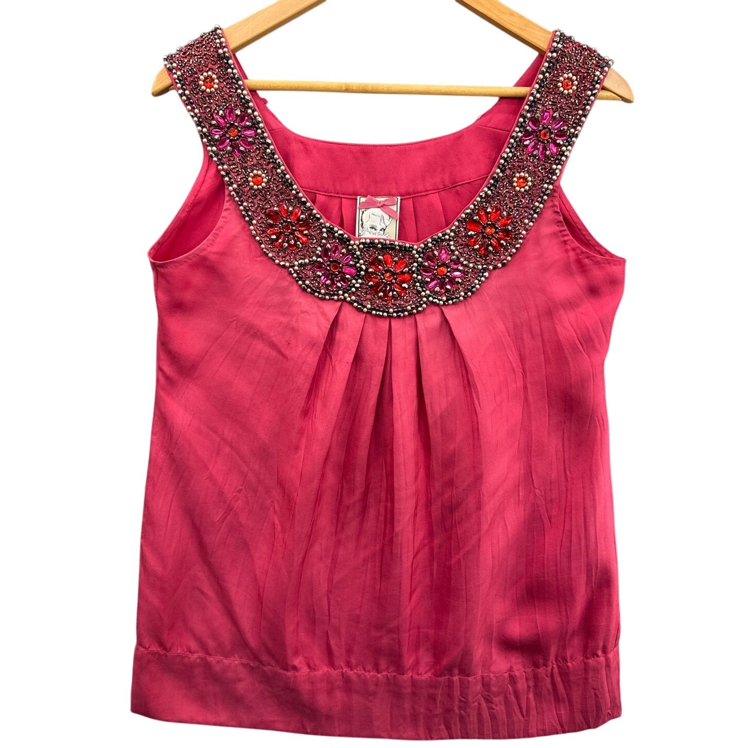 Yoana Baraschi Y2K 90s Hot Pink Silk Beaded Jewel Neck Sleeveless Blouse Women M