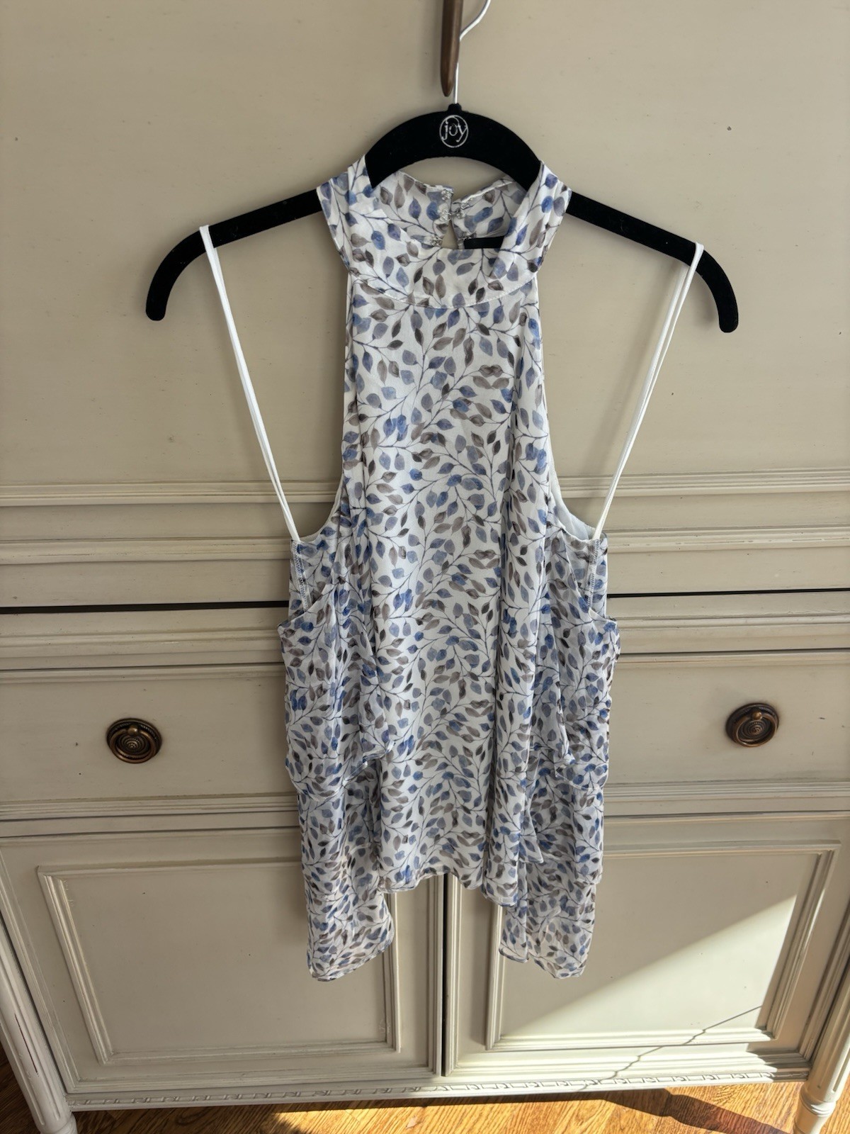Intermix Silk High Neck Blue Leaf Blouse Open Shoulder Small Lined Spring