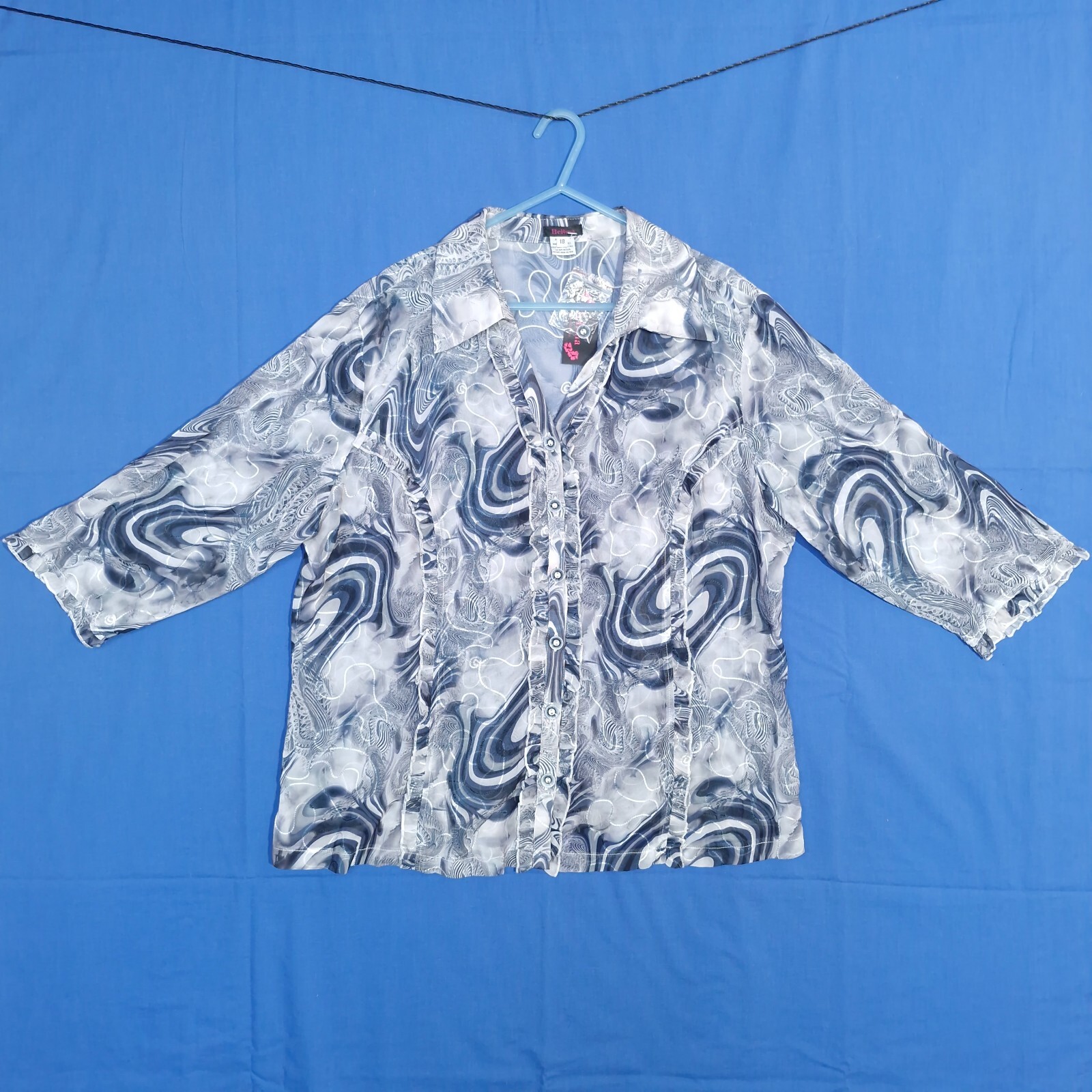 Bellina Top Womens 18 Grey & Blue Blouse Sheer Fabric w/ Swirl Pattern Ruffles