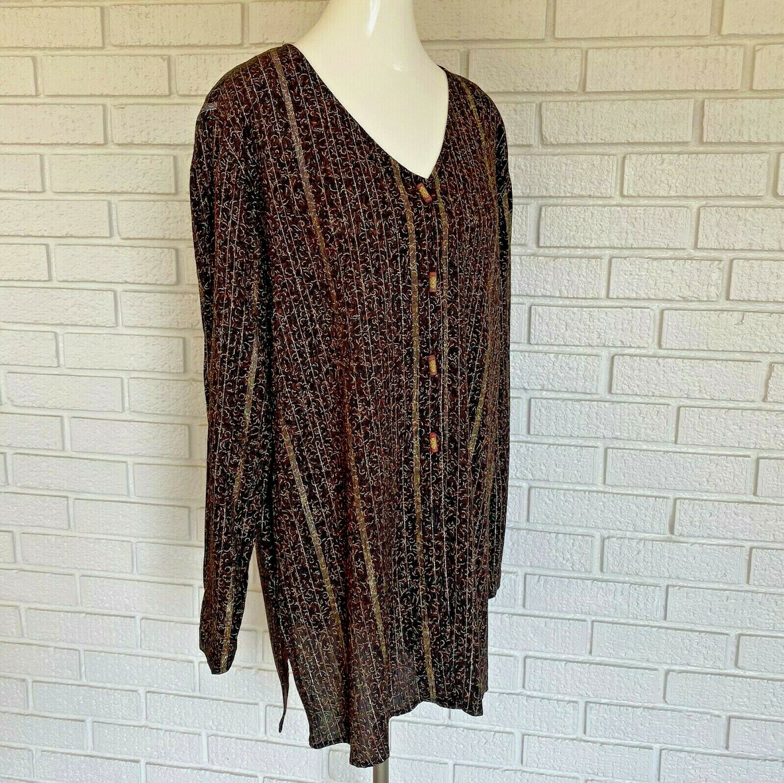 CAROLE LITTLE CL Jacket Top Tunic Size 14 Brown Black Gold Thread Rayon Vtg