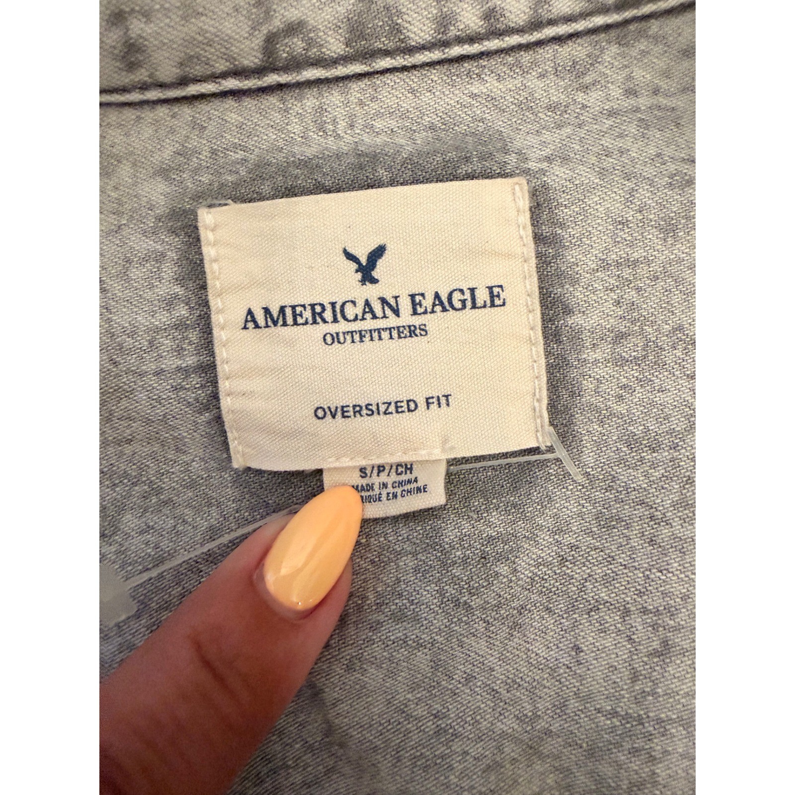 American Eagle Oversized Distressed Denim Button Down Shirt Light Acid Wash