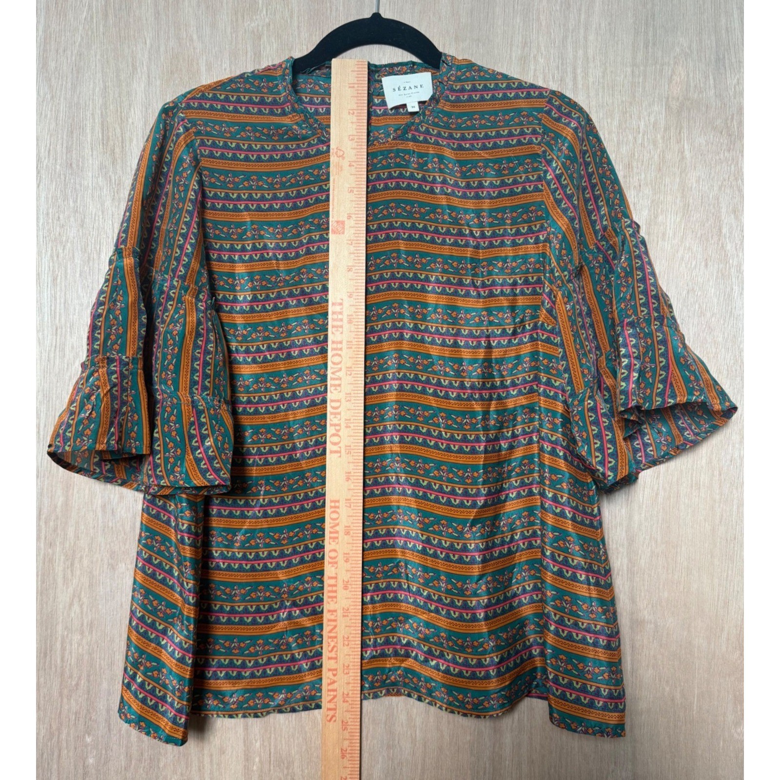 Sézane Ethel Blouse Havana Green Orange Stripes 100% Silk Top Size FR 38 US 6/M