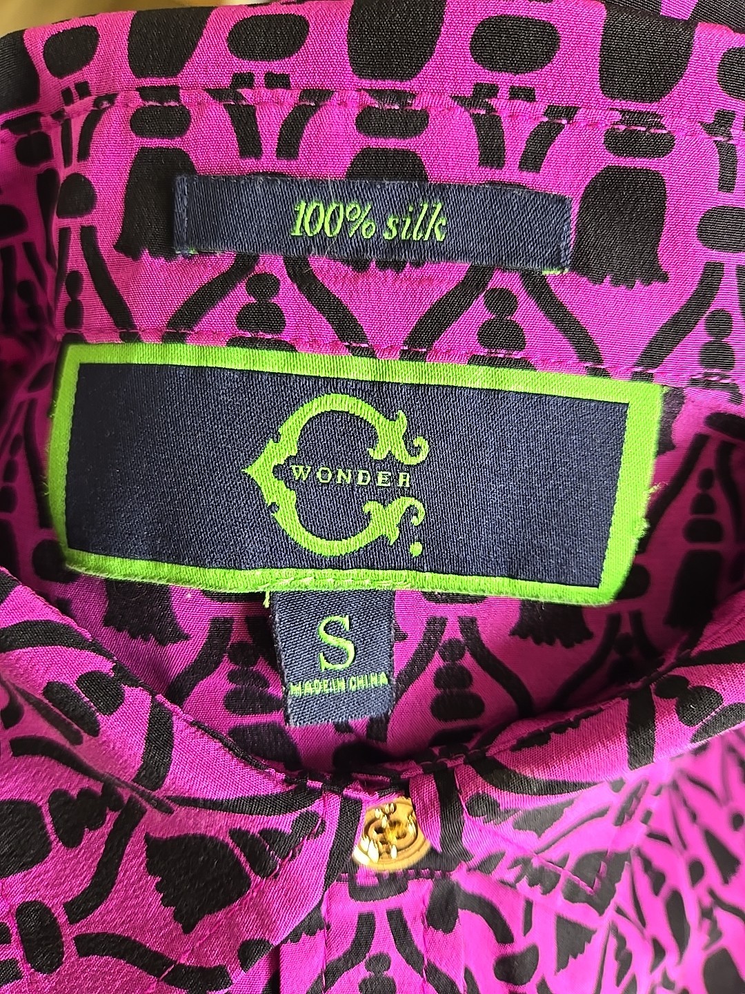 C Wonder Tory Burch Shirt Womens S Black Pink Tassel Print Silk Button Up Blouse