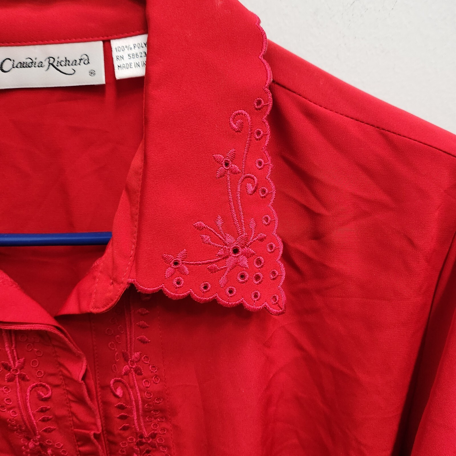 Vintage Claudia Richard Red Blouse Top Womens Size 12 Embroidered Long Sleeve