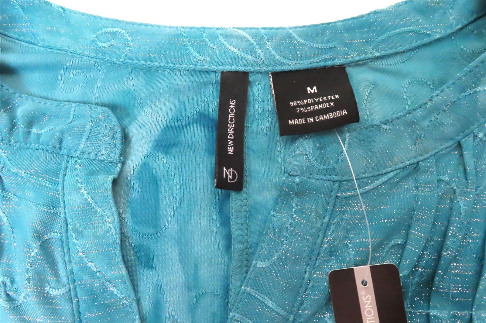 New Directions Womens Blouse M Medium Teal & Silver Metallic Shark-bite Hem NWT