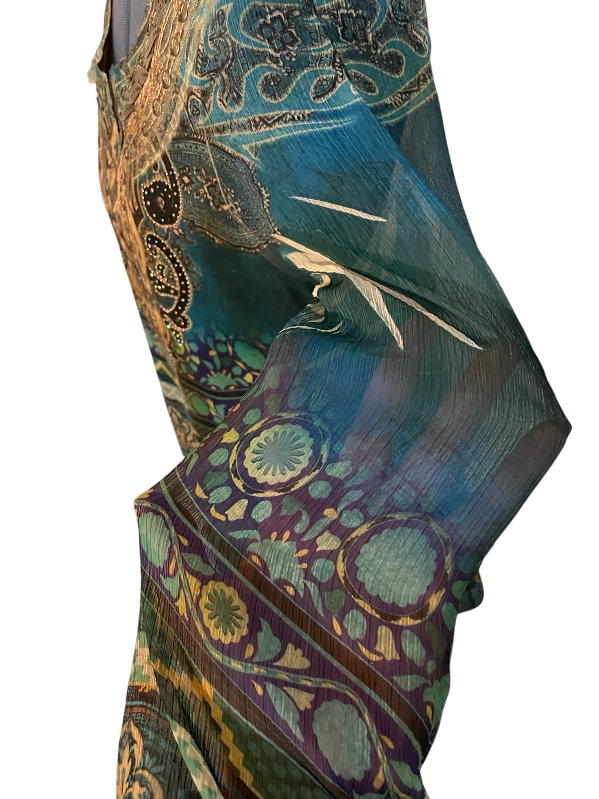 Blue Green Gold Beaded Embroidered Paisley Sheer Sleeve Tunic Festival Fairy XL