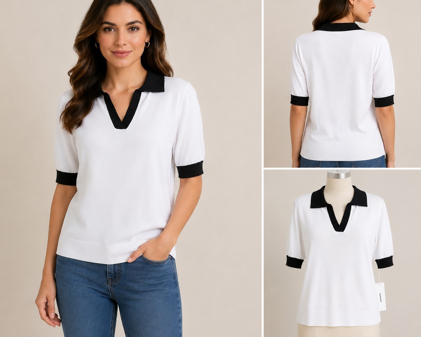 LOMON Women’s White Black Contrast Collared Knit Top Large NWT 100% Viscose