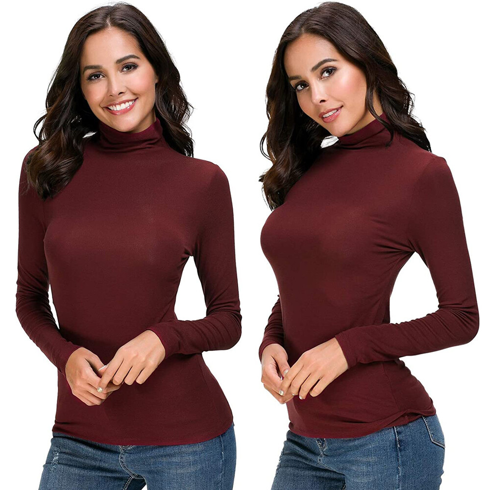 Woman Long Sleeve Mock Turtleneck Lightweight Pullover Slim Fit Top Basic Shirts
