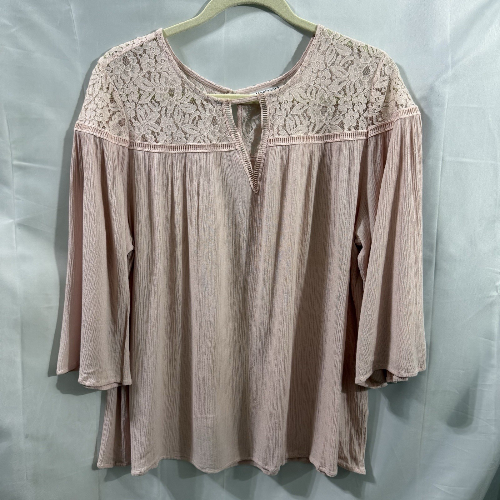 Westport Women’s Blush Pink Lace Yoke Peasant Blouse Size L 3/4 Bell Sleeve Boho