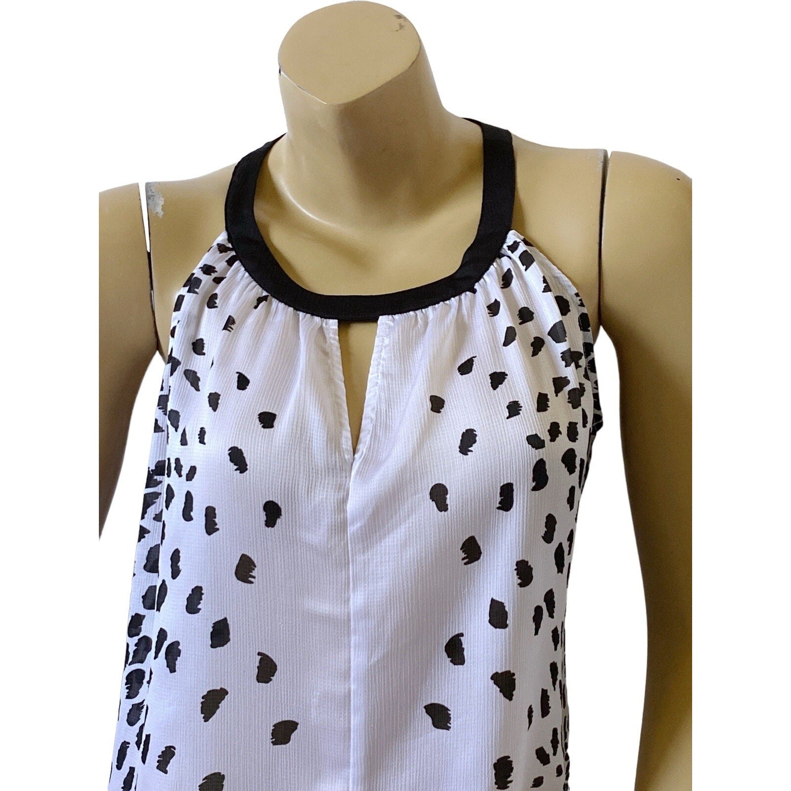 New York & Company Medium Black White Sheer Sleeveless Keyhole Neck Blouse Top