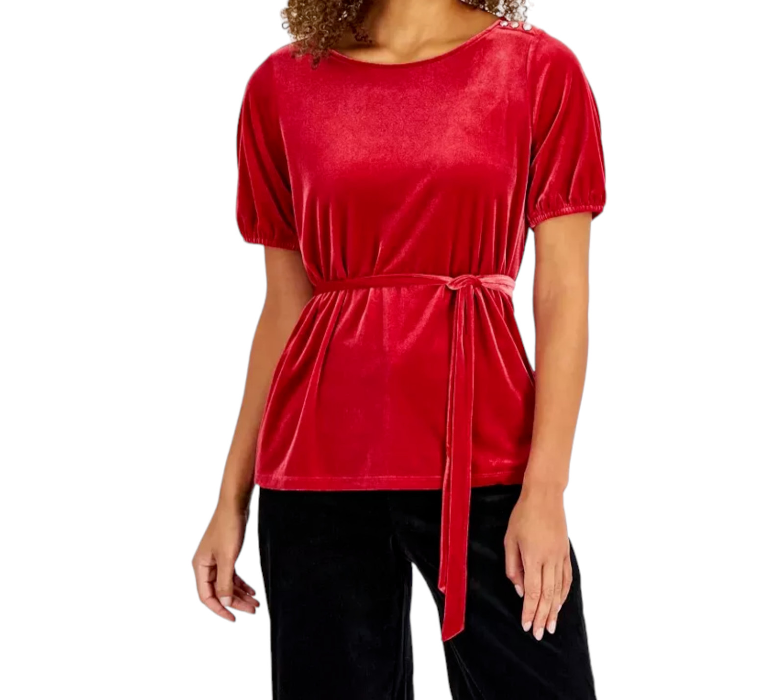 Charter Club Velvet Blouse Womens Size Large Red Tied Waist Short Sleeve New