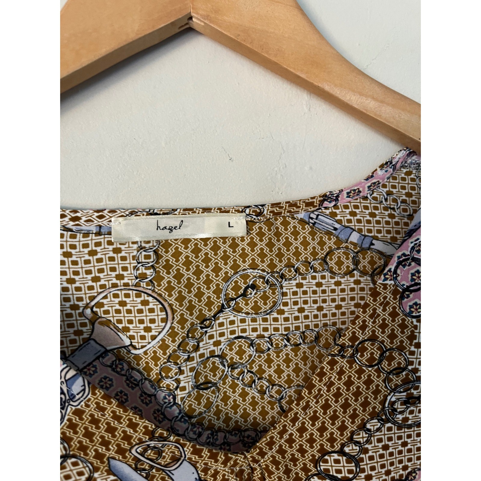Hazel Chain Belt Print Smocked Waist Peplum Blouse Mustard Pink Large chic boho