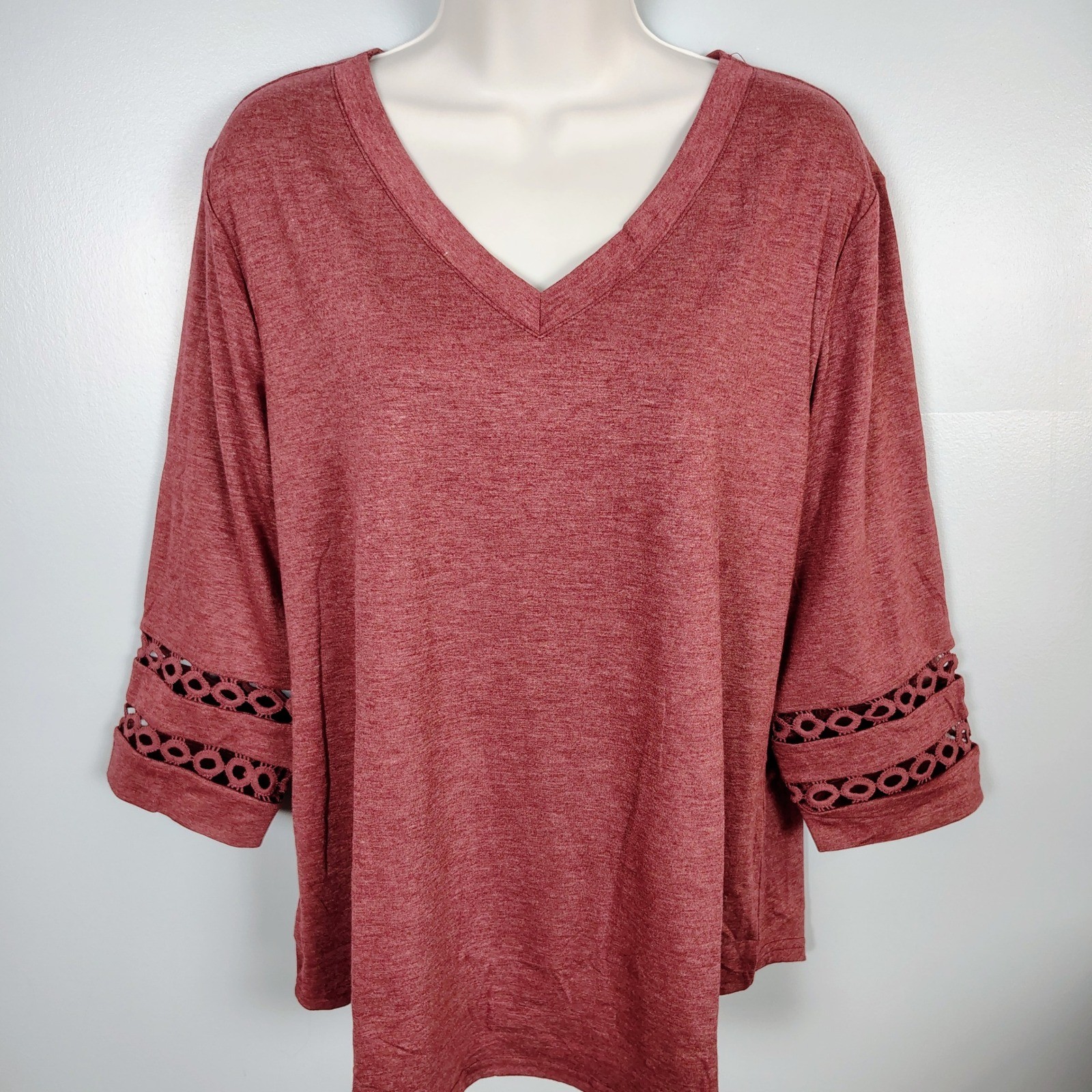 Womens Wine Red Heathered V-Neck Top Crochet Lace 3/4 Sleeve Large NWT Boho
