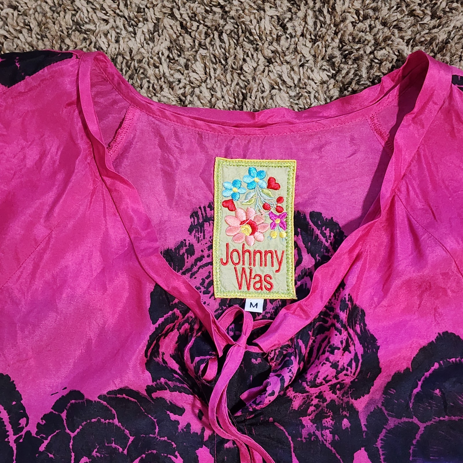 Johnny Was Blouse Short Sleeve Boxy Fit Vibrant Colors 100% Silk Medium Festival