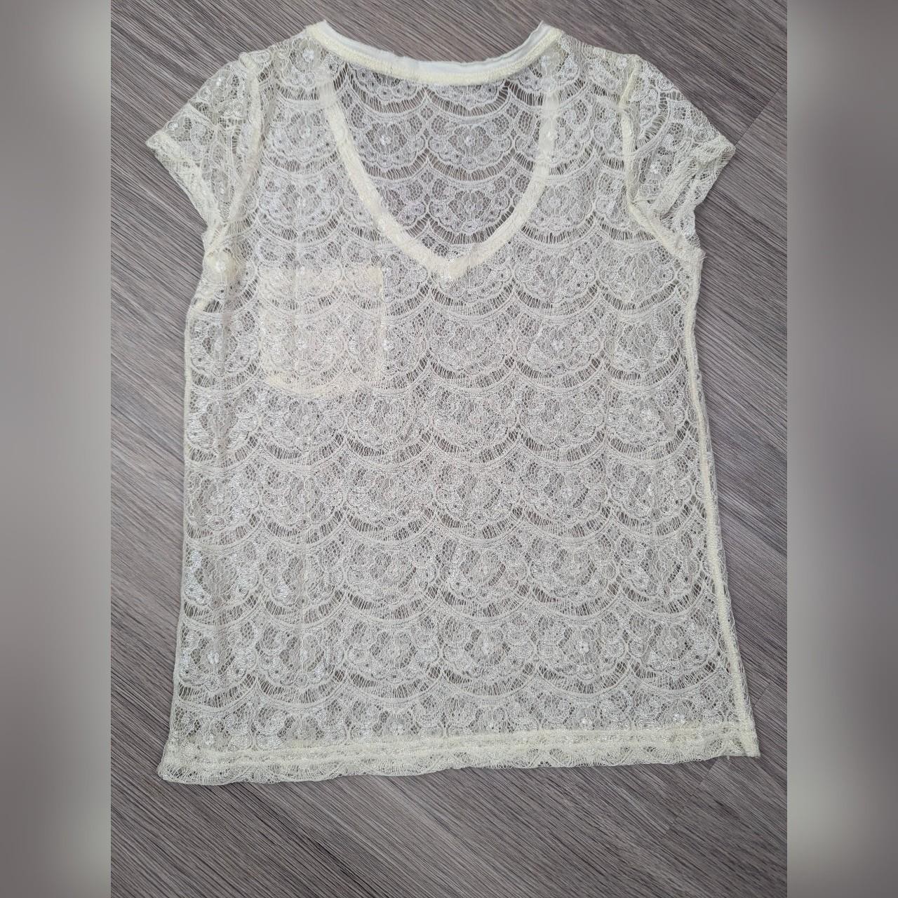 Aeropostale Cream White Scalloped Floral Lace See Through Short Sleeve Shirt