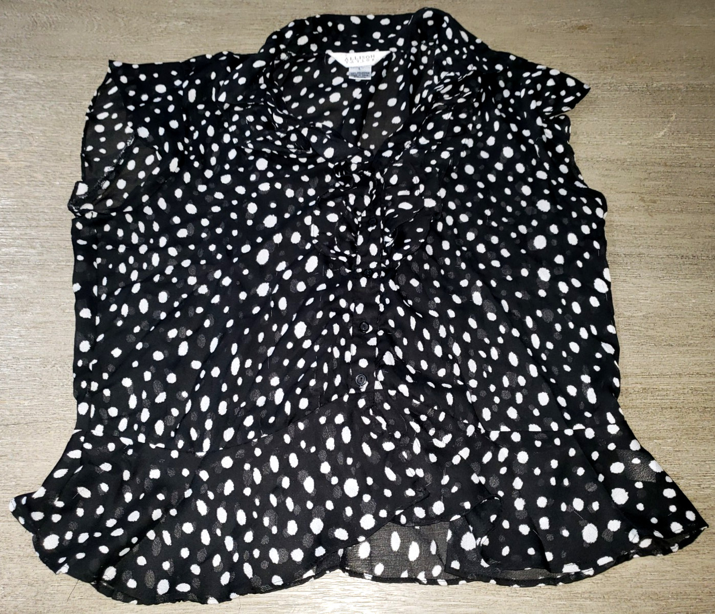 ALLISON TAYLOR womens size large black white polka dot SHEER TOP BLOUSE work