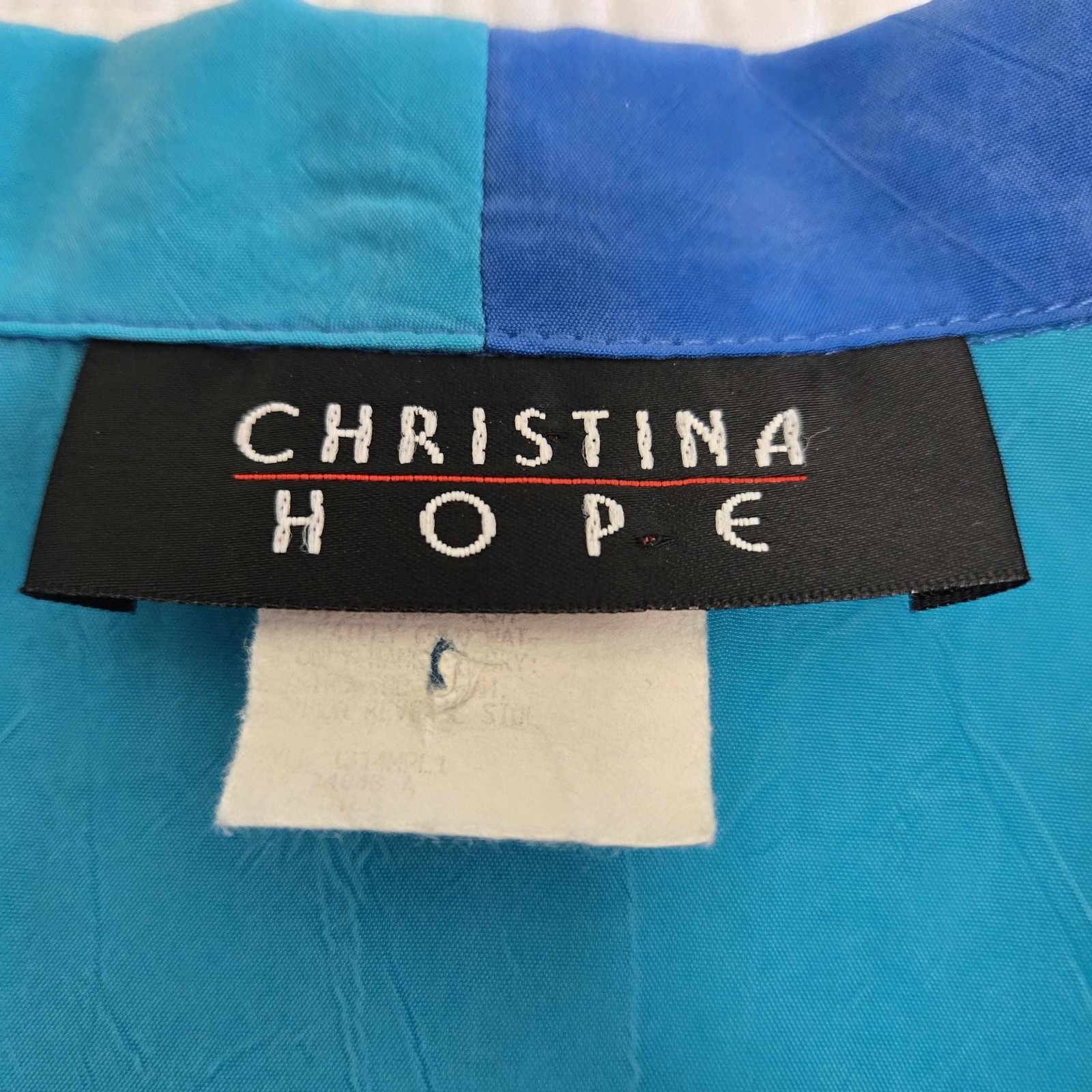 Vtg Christina Hope Mixed Media Button Up Exposed Hem Patchwork Artstly Aqua Blue