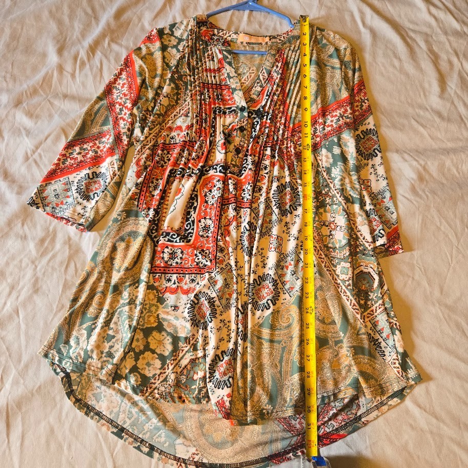 La Cera Pintuck Tunic 3/4 Sleeves Popover Stretch Multicolors Womens L
