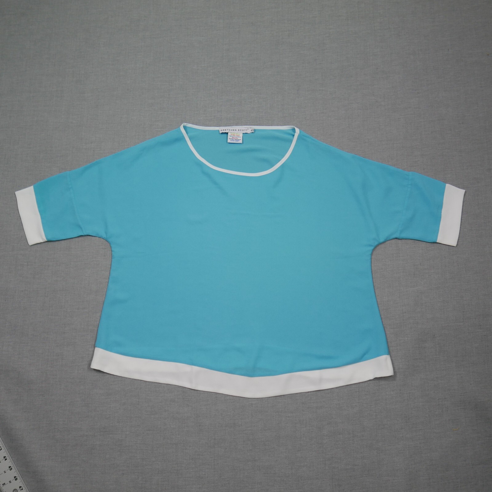 Gretchen Scott Georgette Box Top Small Blue White Chiffon 3/4 Dolman Sleeve