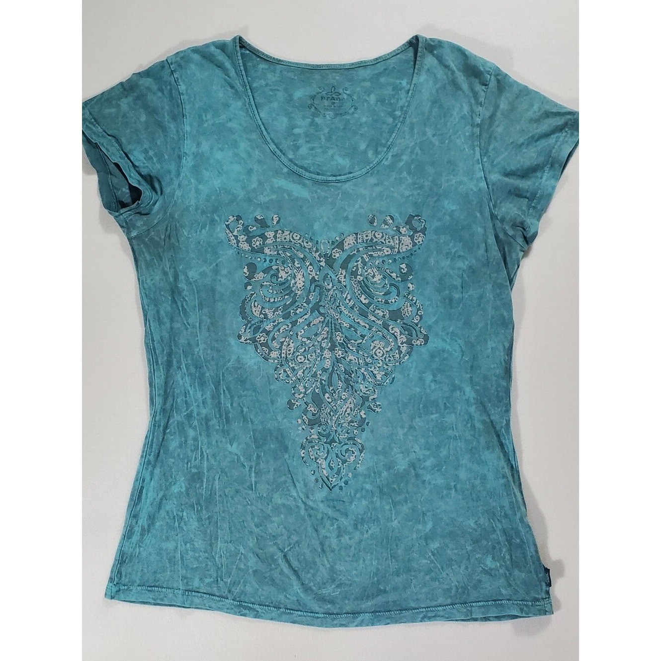 prAna Women M Teal Graphic Shirt Mineral Wash Boho Floral Medallion Distressed