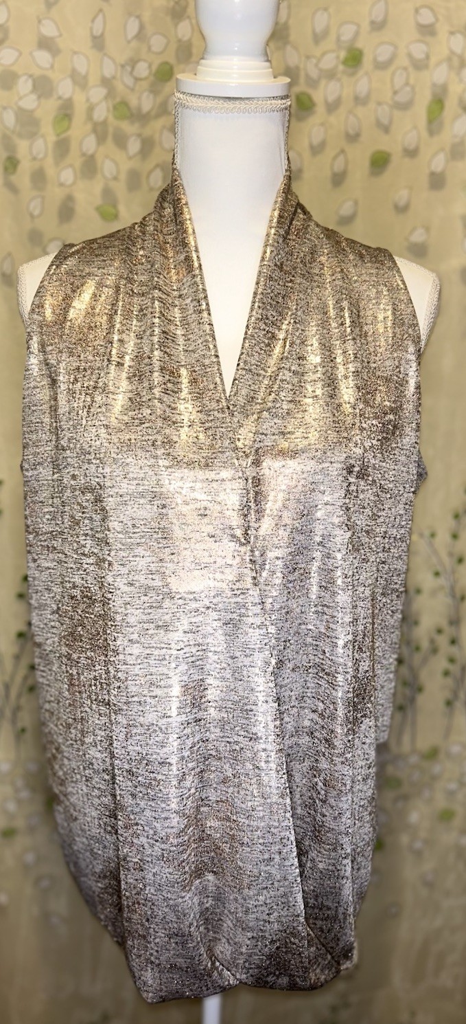Danielle Gold Metallic Foil Wrap Front Sleeveless High Neck Blouse XL Glam Chic