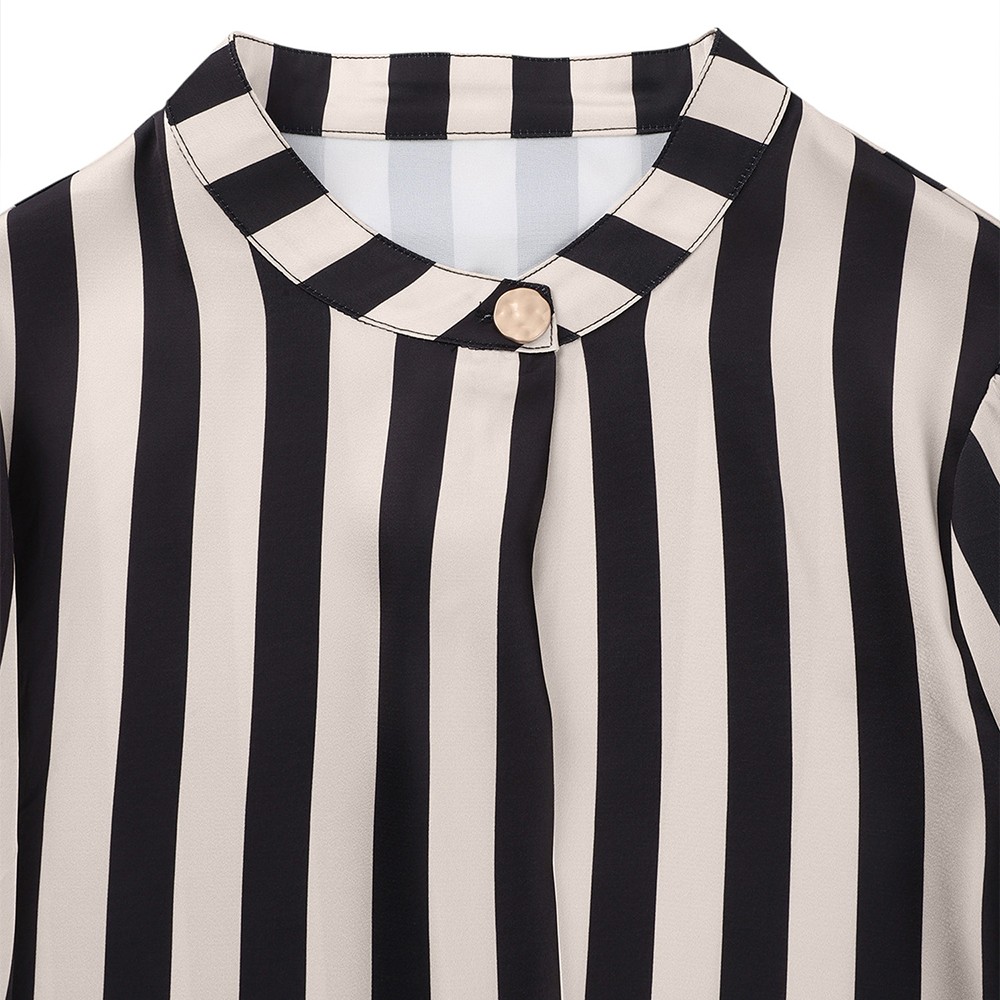 Women’s Elegant Formal Striped Shirt Lantern Sleeve Blouse Stand Collar OL Tops