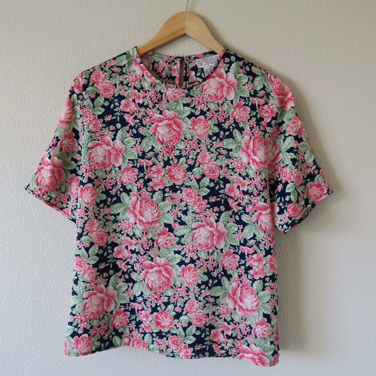 EVAN PICONE Floral Short Sleeve Top Size 10 Iridescent Vintage Keyhole Delicate