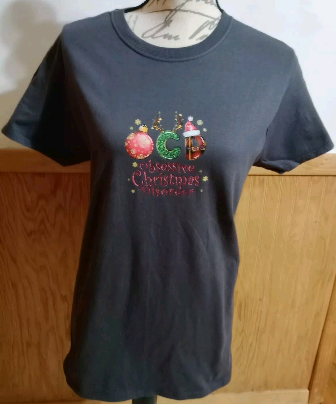 Christmas Handmade Gray SS Funny Graphic T-Shirt Womens Sz S New Top Tee Gift