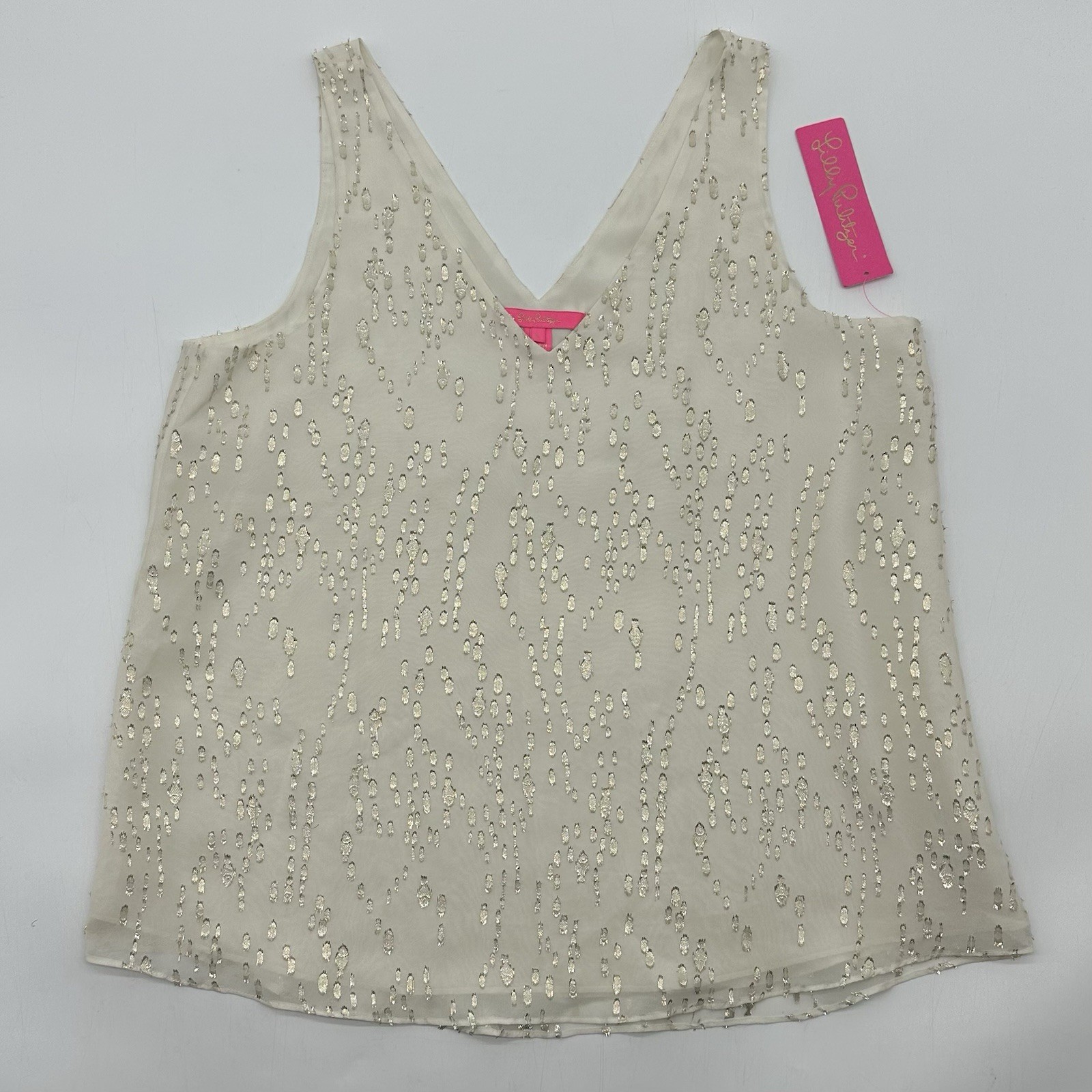 Lilly Pulitzer Florin Size Large Silk Metallic Sleeveless Coconut Fish Top NWT