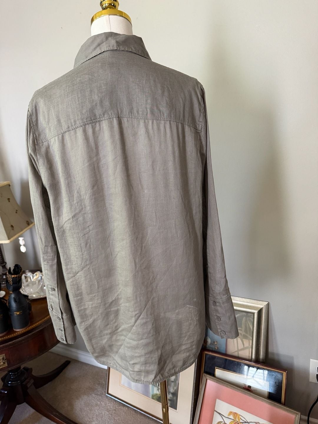 COS 100% Linen Gray Taupe Button Down Shirt Blouse Size