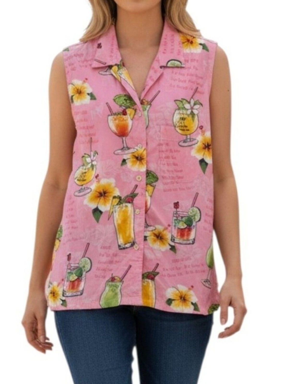 Big Dogs Pink Beach Drink Button Down Tank Blouse