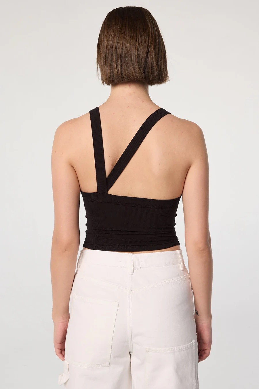The Line By K Ximeno Stretch Rib Tank Top Asymmetrical Strappy Open Back Size L