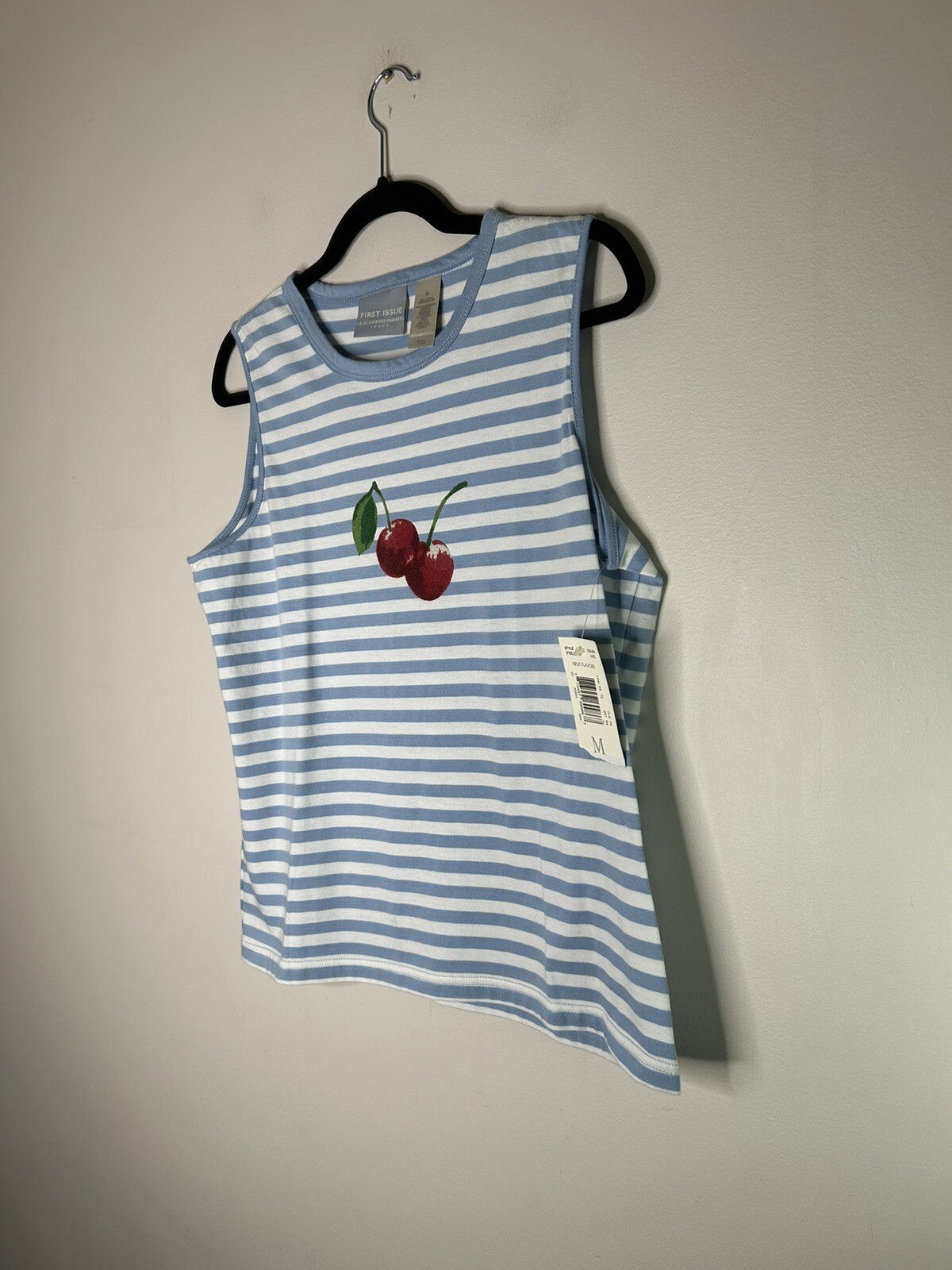 First Issue Liz Claiborne Blue White Striped Cherry Tank Top Y2K Size Medium NWT