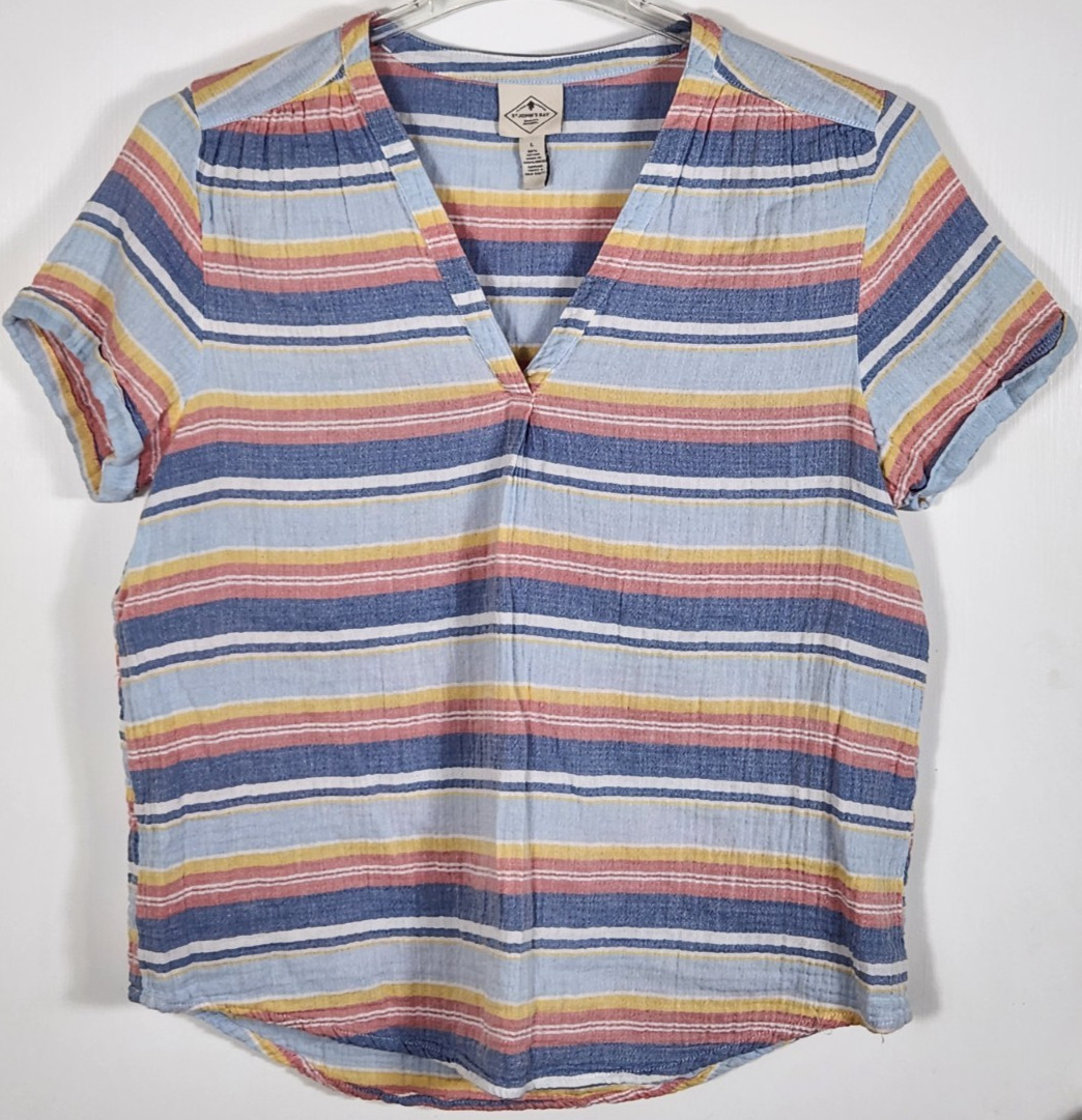 St. John’s Bay Women’s Size Large Multicolor Striped Shirt Top SS V-Neck