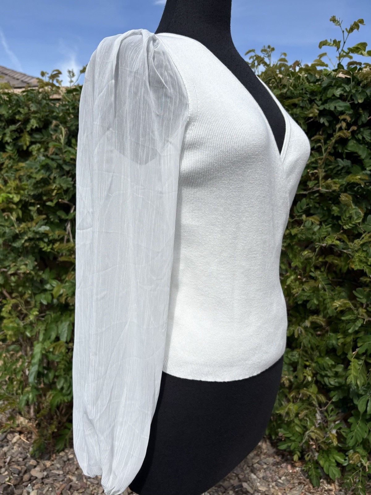 French Connection M Mozart Faux Wrap Sheer Puff Sleev. White V Neck Sweater -NWT