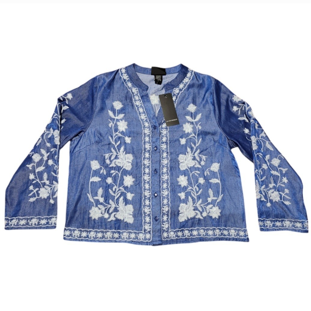 Liv Los Angeles Boho Floral Embroidered Blue Top Womens Size PL