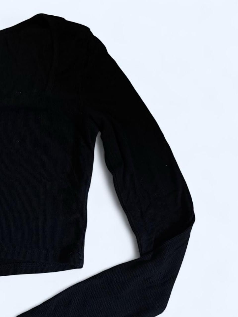 Women’s Black Solid Knit Square Neck Ruched Cropped Long Sleeve Top Size S