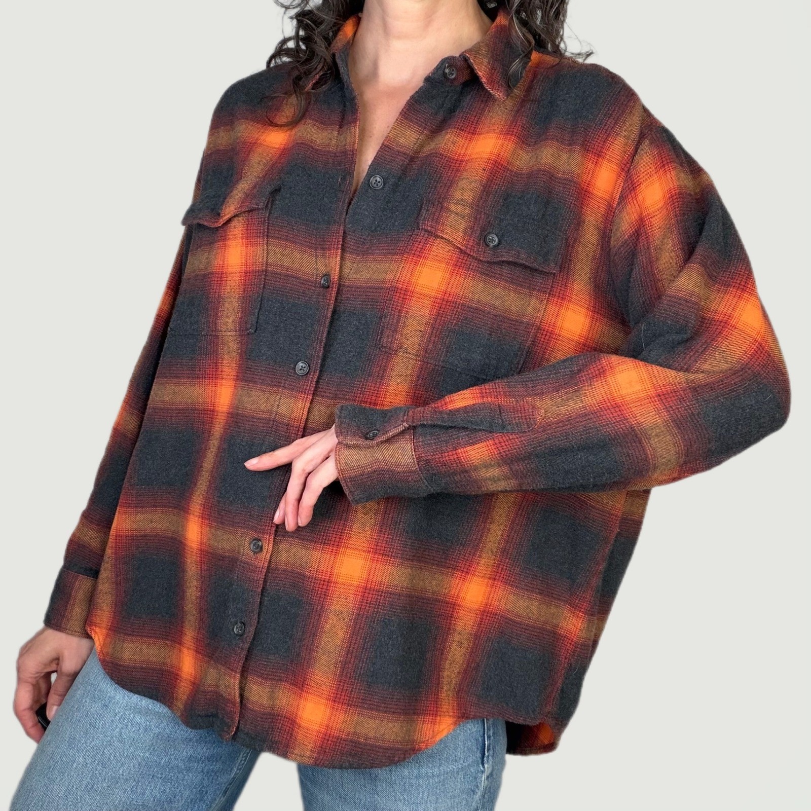 Old Navy Taylor Swift Evermore Boyfriend Flannel Shirt top Orange Grey Plaid L