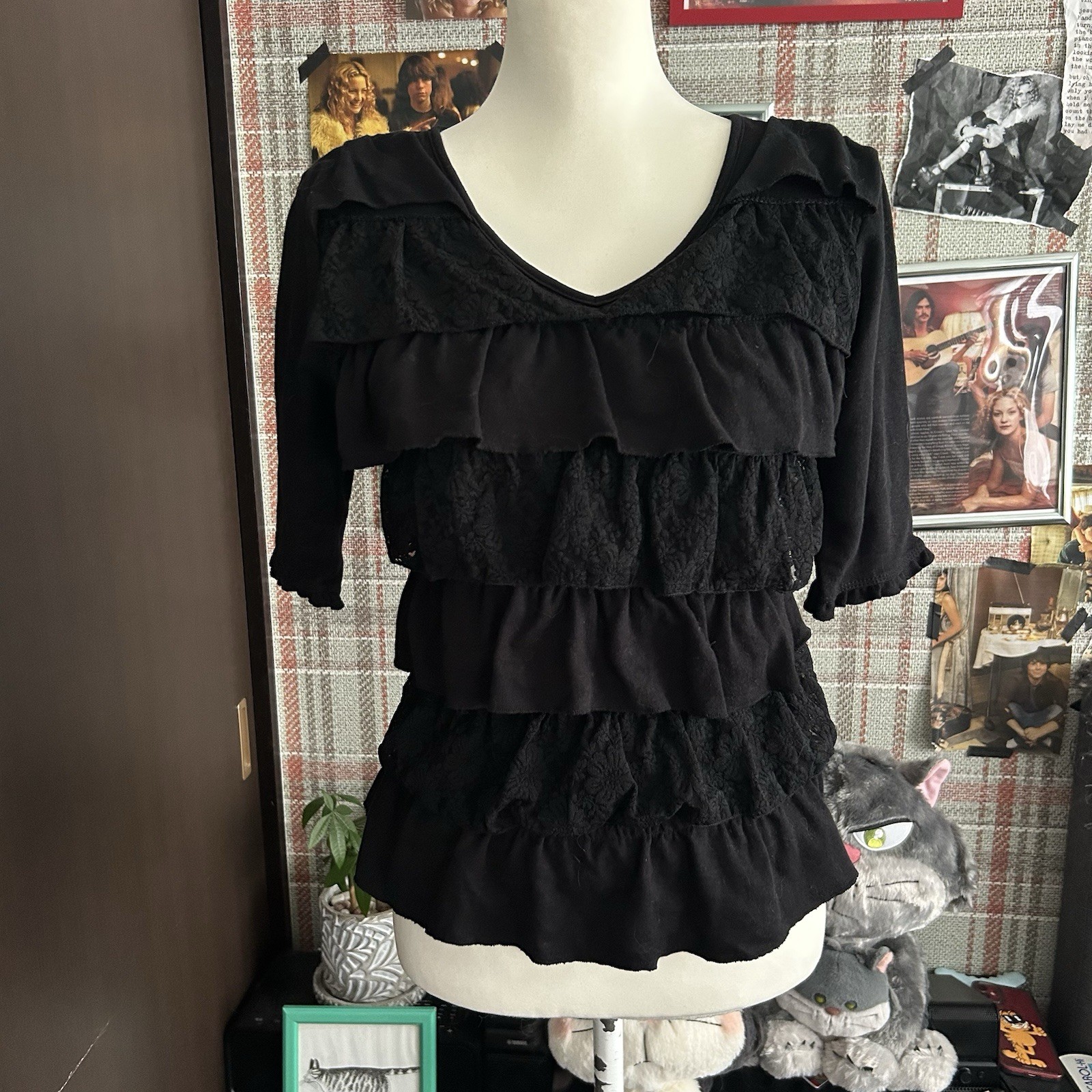 Black Tiered Ruffle Top Lace Layered Blouse Elegant Feminine Gothic Aesthetic