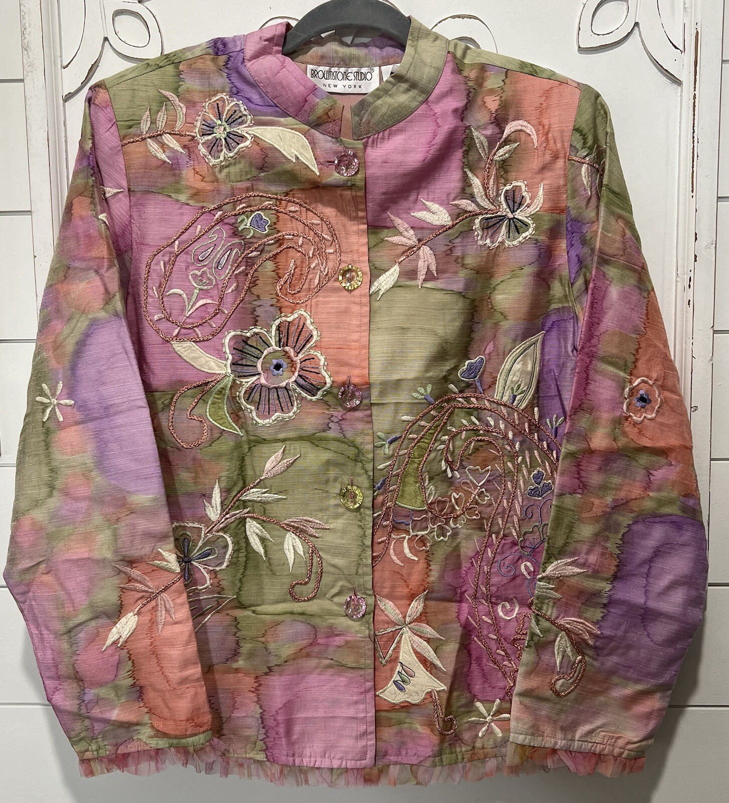 VTG Brownstone Studio Textured Embroidered Jacket SZ 6 Watercolor Pastels Floral
