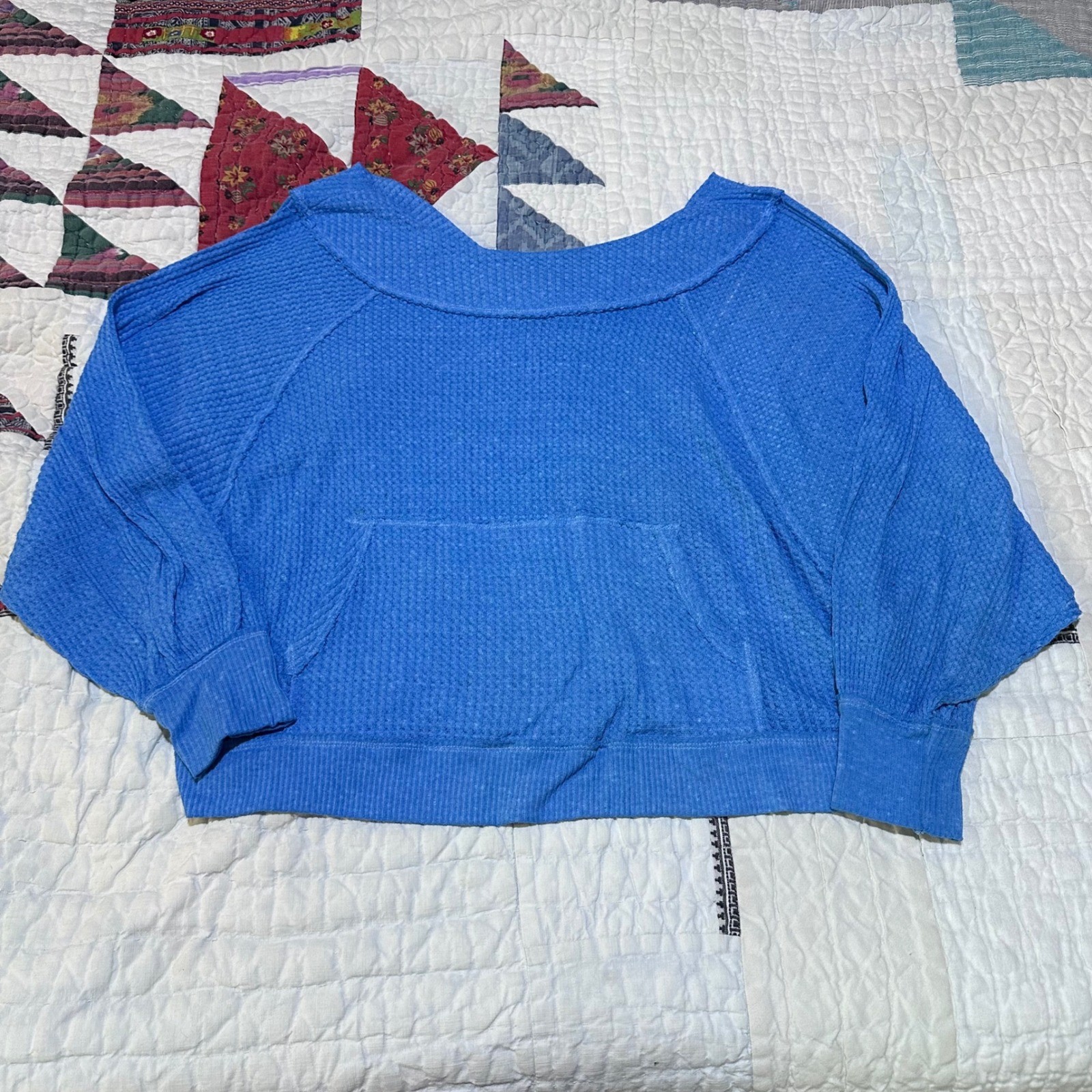 We The Free Waffle Knit Top Blue Oversized Thermal Slouchy Small