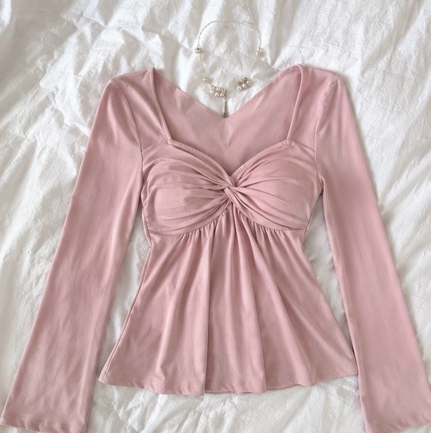 Women’s Pink Sweetheart Neck Ruched Front Long Sleeve Flowy Blouse Top