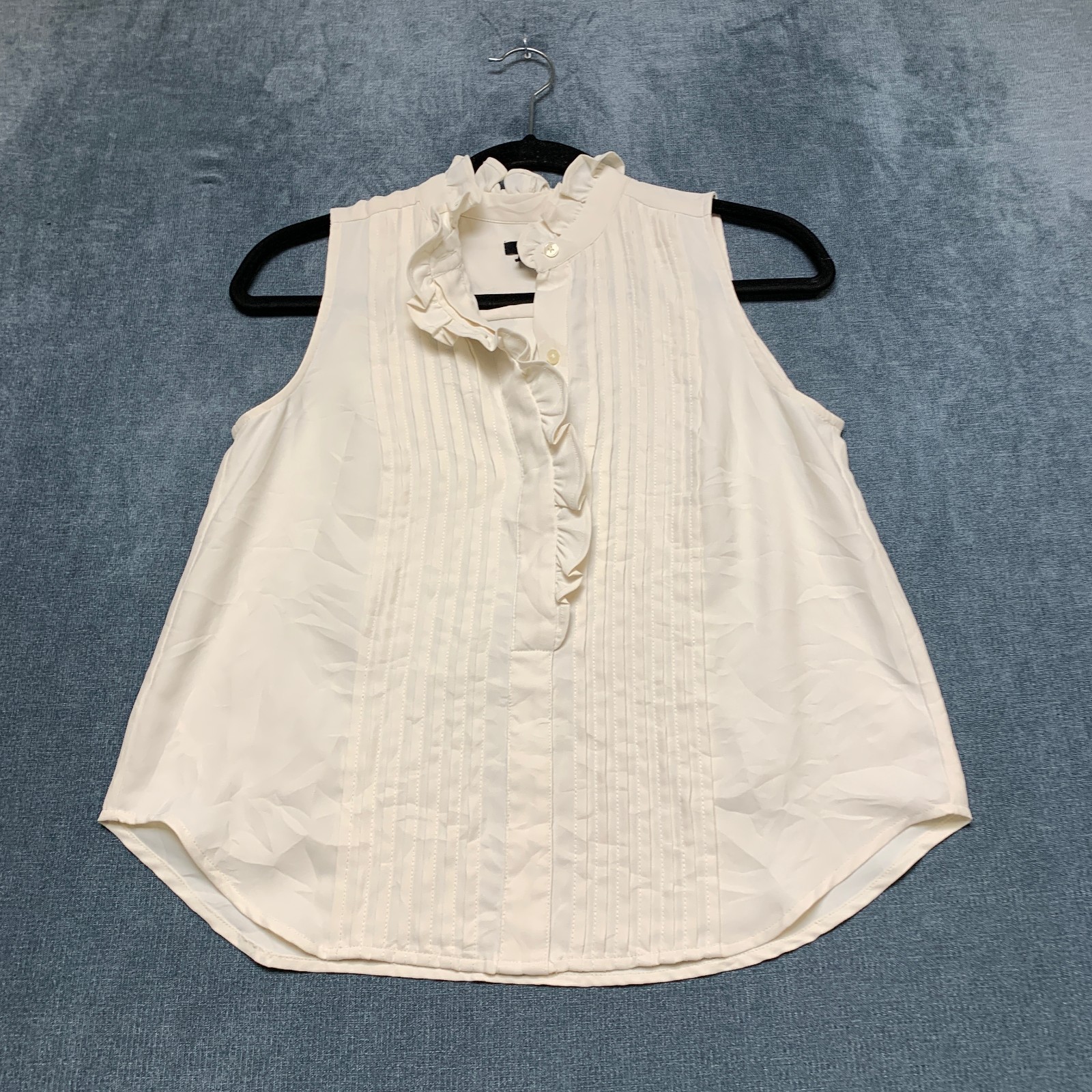 Ann Taylor Blouse Top Womens XSP White Pintuck Sleeveless Ruffle Button Front